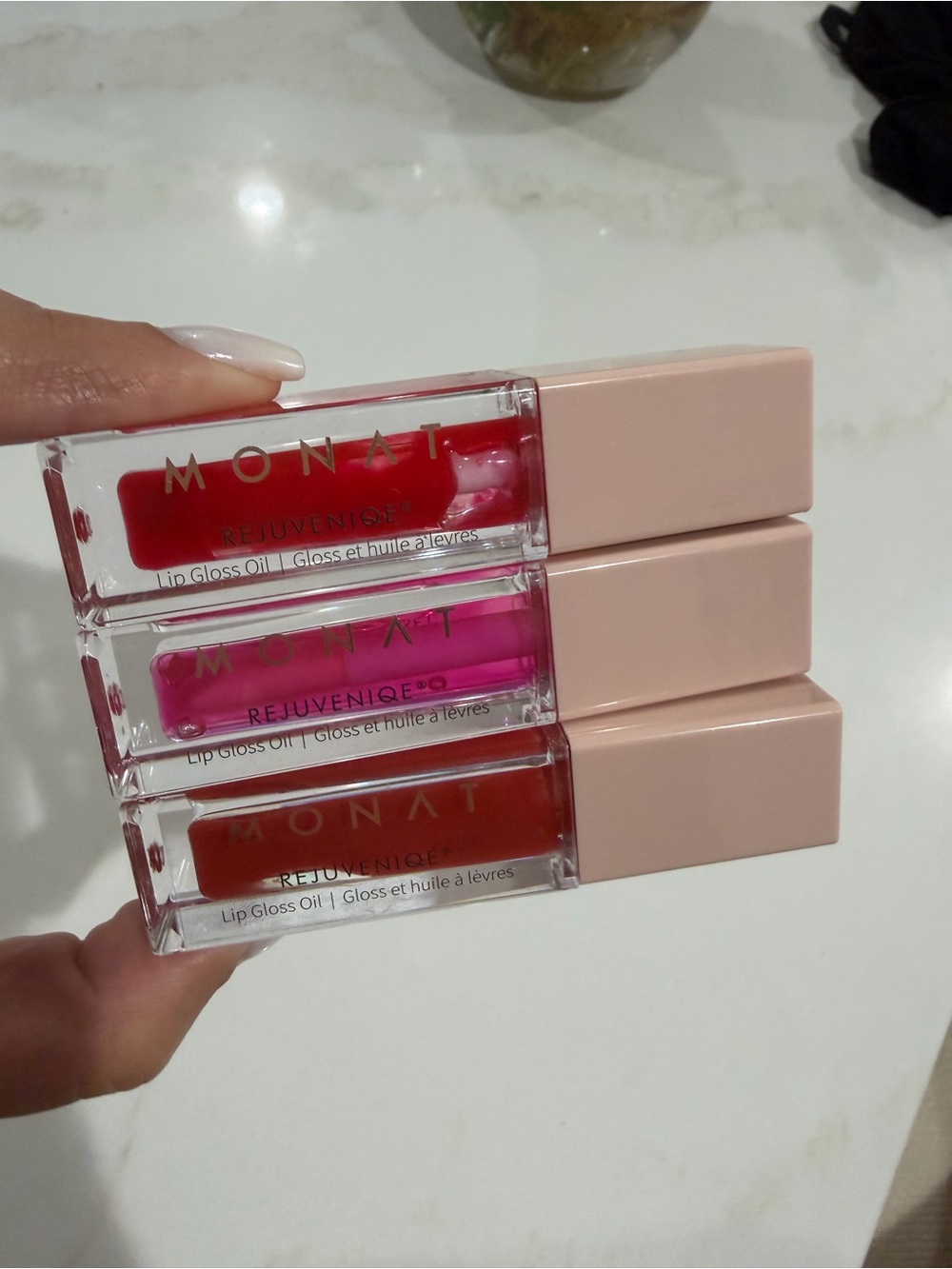 Monat Rejuveniqe Lip Gloss Oil Trio — Red, Pink, Coral Shades
